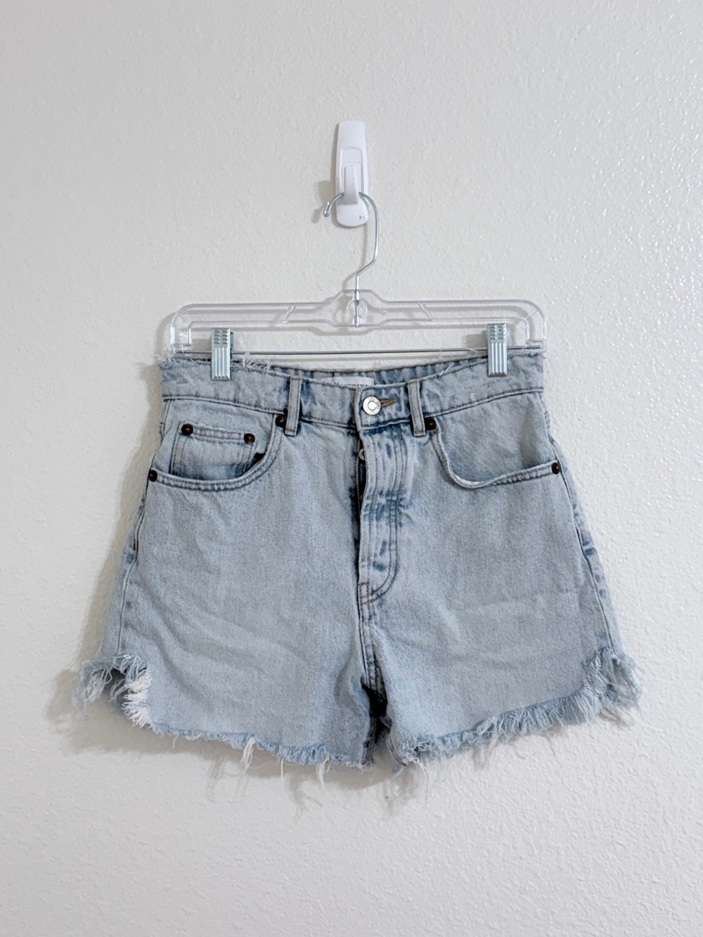 Zara Light Blue Distressed Denim Shorts